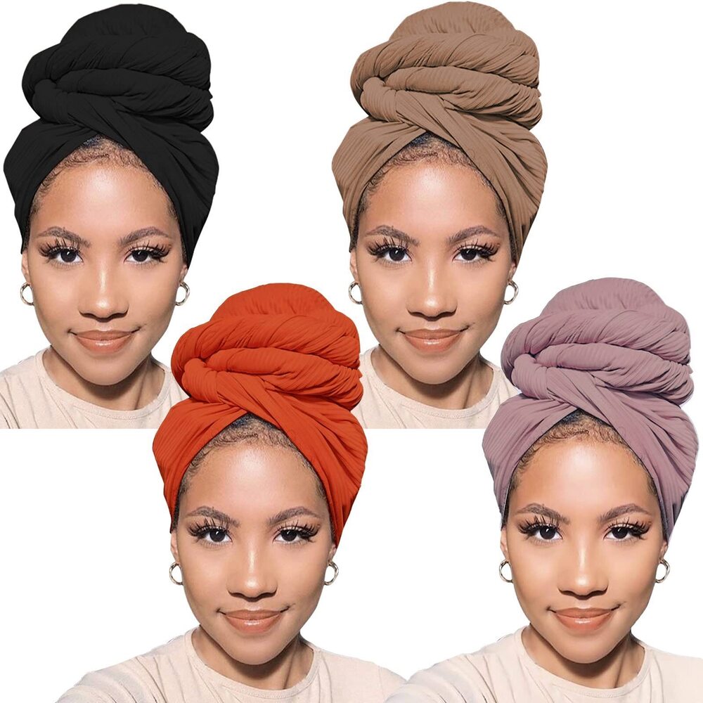 3684 4 Pcs Stretchy Headwraps for Black with Natural Hair Solid Color